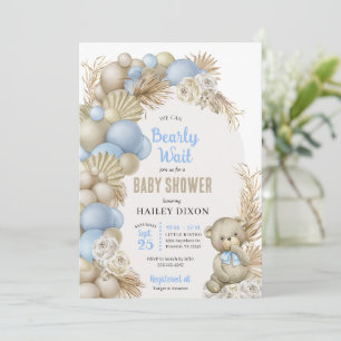 Blue Boho Pampas Grass Teddy Bear Baby Shower Invitation