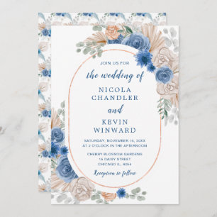 Blue Boho Pampas Grass Wedding Invitation