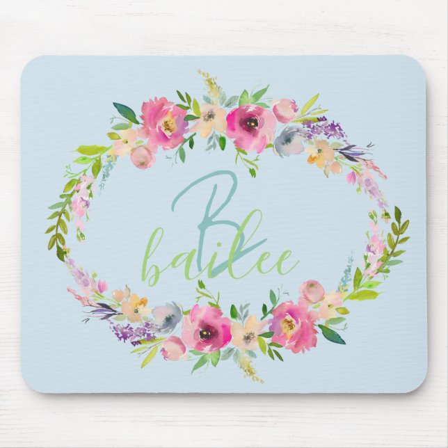 Blue Boho Pastel Floral Name Script Monogram Mouse Mat (Front)