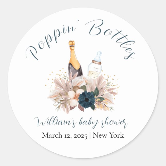 Blue Boho Poppin Champagne Bottles Baby Shower  Classic Round Sticker (Front)