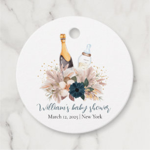 Blue Boho Poppin Champagne Bottles Baby Shower  Favour Tags