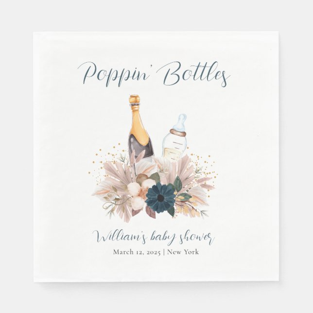 Blue Boho Poppin Champagne Bottles Baby Shower  Napkin (Front)