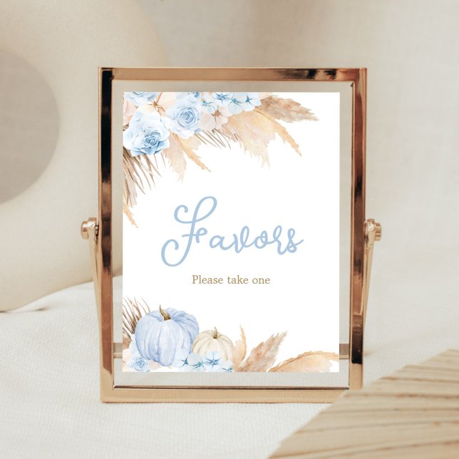 Blue Boho Pumpkin Baby Shower Favours Poster (Boy Little Pumpkin Baby Shower Favors Sign)