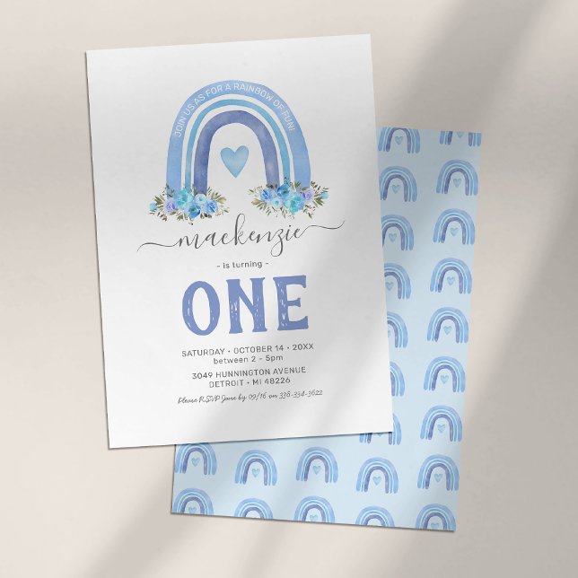 Blue Boho Rainbow 1st Birthday Invitation (Creator Uploaded)