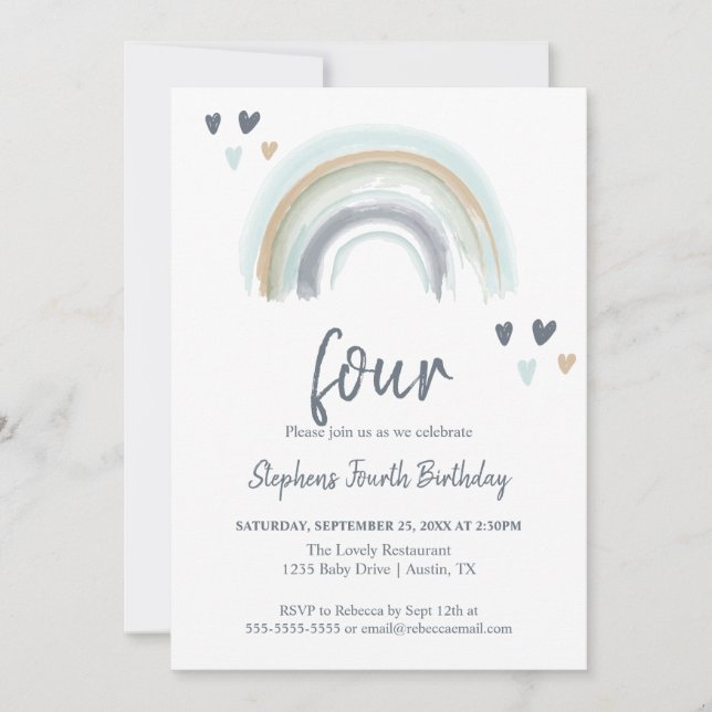  Blue Boho Rainbow 4th Birthday Party  Invitation (Front)
