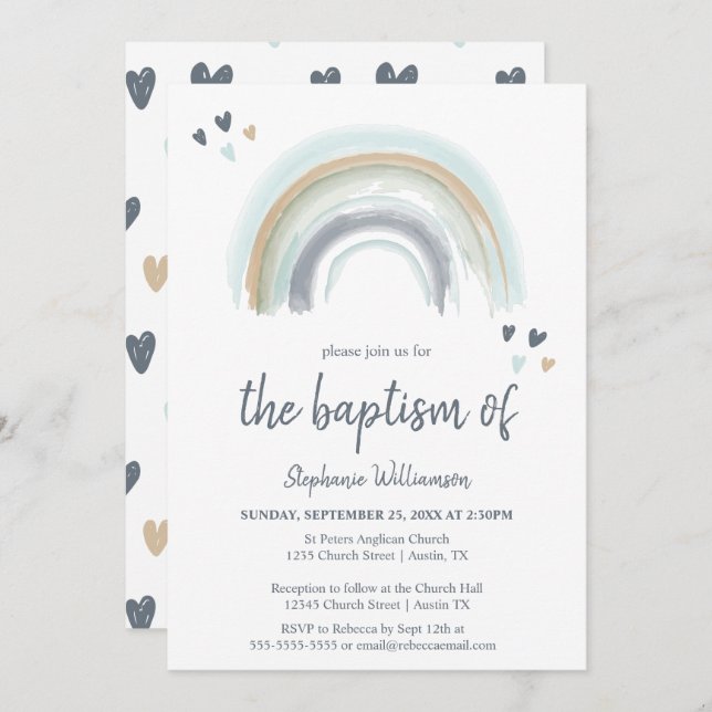  Blue Boho Rainbow Baptism Invitation (Front/Back)