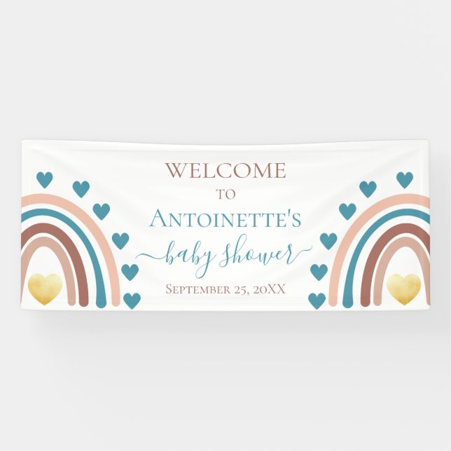 Blue Boho Rainbow Custom Baby Shower Banner (Horizontal)