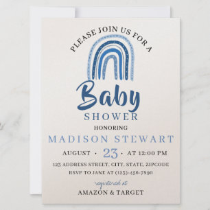 Blue Boho Rainbow Theme Baby Shower Invitation