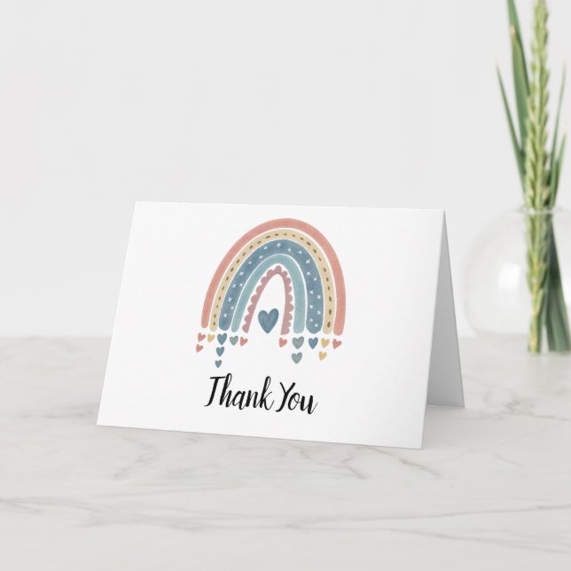 Blue Boho Rainbow Watercolor Thank You Card (Front)