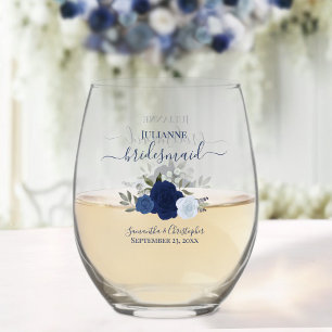 Blue Boho Roses Bridesmaid Maid of Honour Gift Stemless Wine Glass