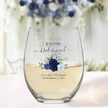 Blue Boho Roses Bridesmaid Maid of Honour Gift Stemless Wine Glass<br><div class="desc">This set is the perfect choice for thanking the bridesmaids and maid of honour at your wedding. The beautiful boho chic design features a cluster of hand painted watercolor roses in shades of dusty blue, navy, and indigo, along with eucalyptus sprigs and garden greenery. Her name & title appears in...</div>