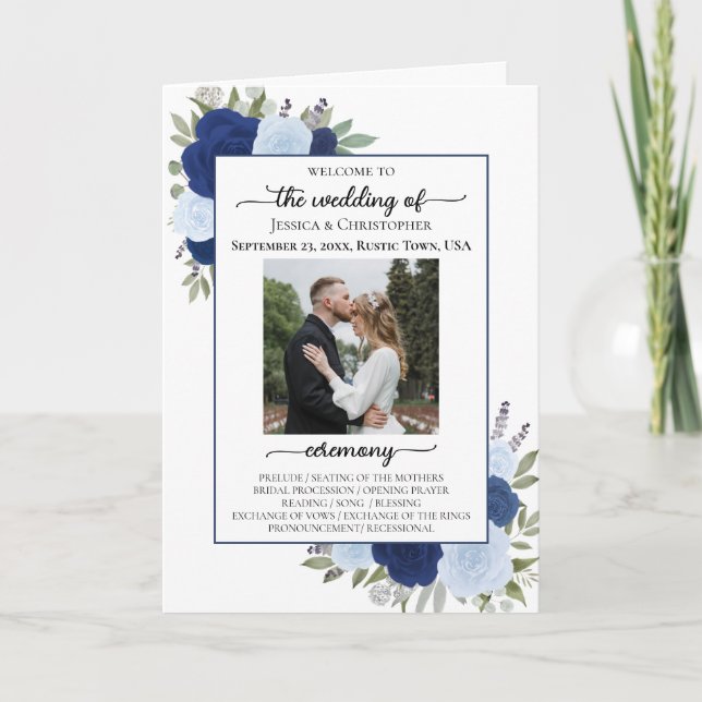 Blue Boho Roses Ceremony & Reception Wedding Programme (Front)