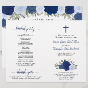 Blue Boho Roses DIY Fold Catholic Wedding Program