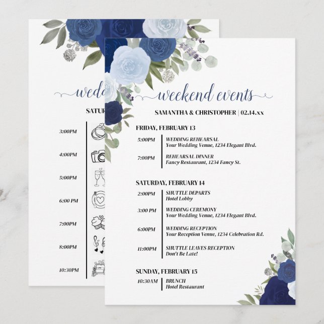 Blue Boho Roses Wedding Events & Timeline Programme (Front/Back)