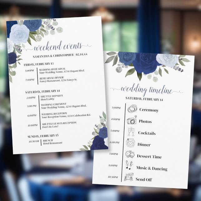 Blue Boho Roses Wedding Events & Timeline Programme (Front/Back)