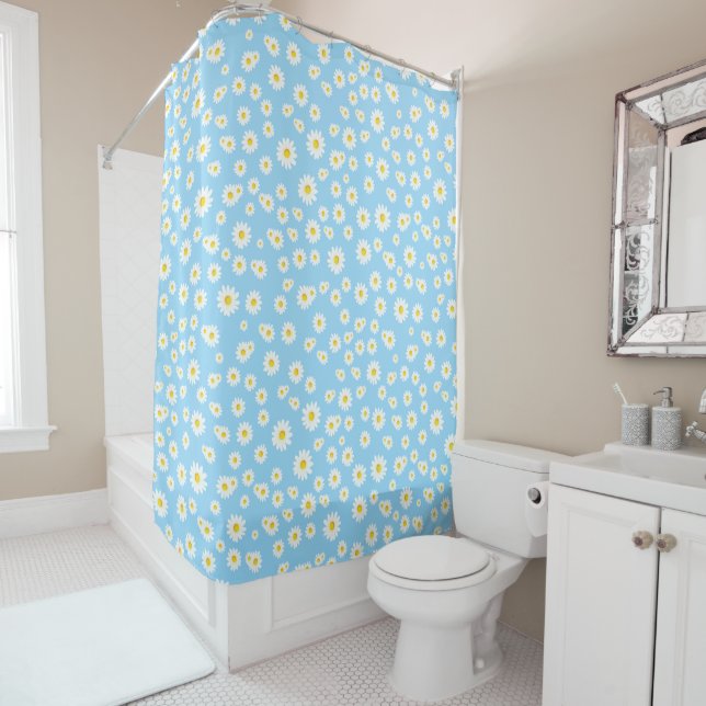 Blue Boho Spring Daisies Pattern Shower Curtain (In Situ)