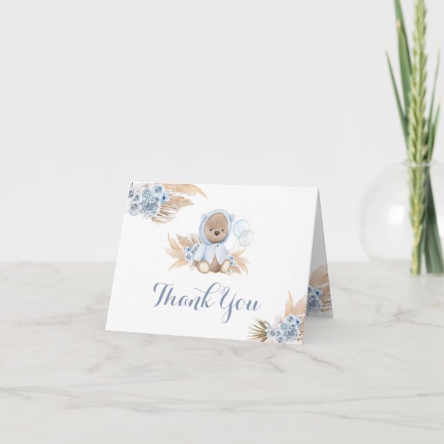 Blue Boho Teddy Bear Folded Thank You Card (Front)