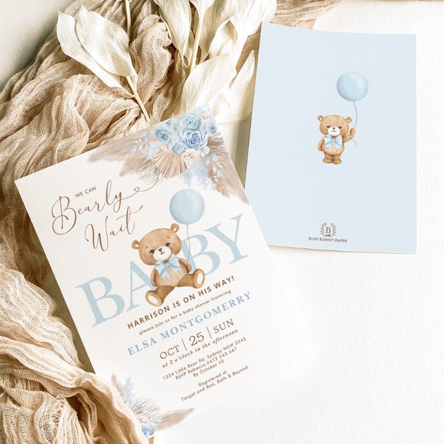 Blue Boho Teddy Bear Pampas Grass Boy Baby Shower Invitation (Creator Uploaded)
