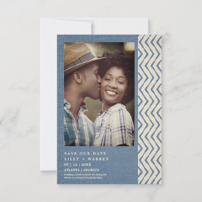 Blue Boho Textile Texture Engaged Romantic Couple Save The Date (Front)