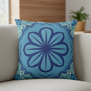 Blue Boho Throw Pillow with Large Flower Design