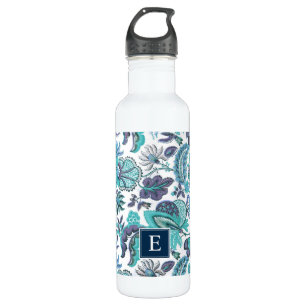Blue Boho Vintage Floral Monogram 710 Ml Water Bottle