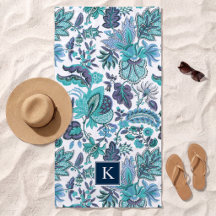 Blue Boho Vintage Floral Monogram