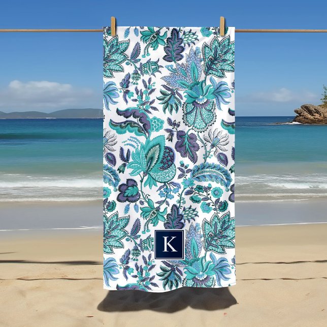 Blue Boho Vintage Floral Monogram Beach Towel (Creator Uploaded)