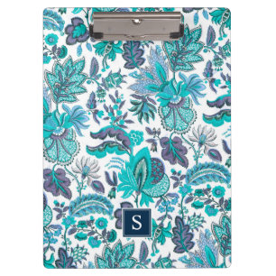 Blue Boho Vintage Floral Monogram Clipboard
