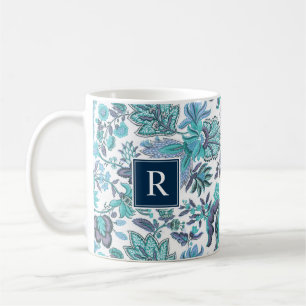 Blue Boho Vintage Floral Monogram Coffee Mug