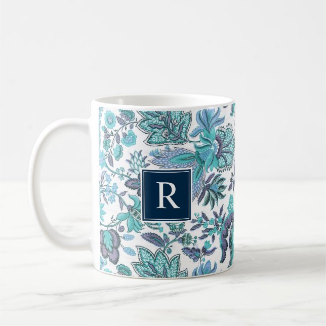 Blue Boho Vintage Floral Monogram Coffee Mug (Left)