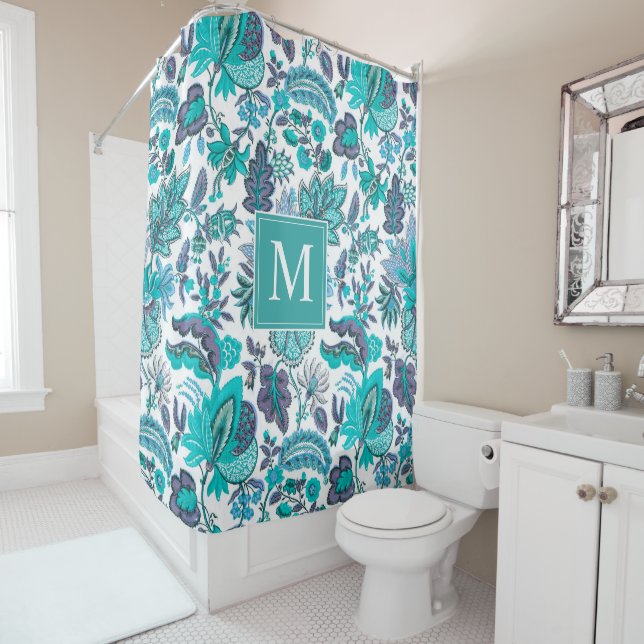 Blue Boho Vintage Floral Monogram Shower Curtain (In Situ)