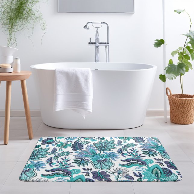 Blue Boho Vintage Floral Print Bath Mat (Creator Uploaded)
