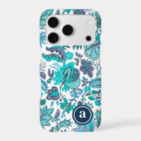 Blue Boho Vintage Floral Print Monogrammed