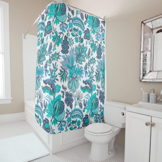 Blue Boho Vintage Floral Print Shower Curtain (In Situ)