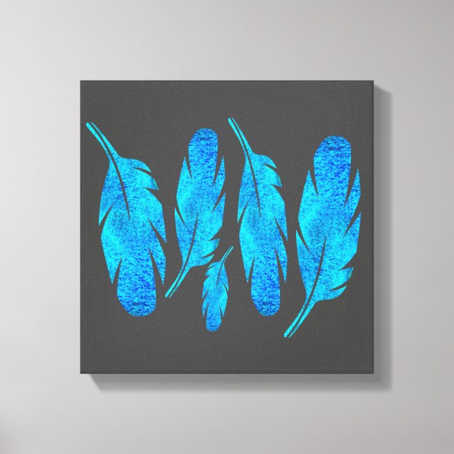 Blue boho watercolor feather art canvas print (Front)
