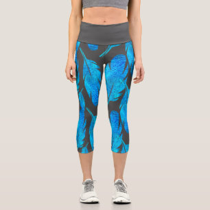 Blue boho watercolor feather art capri leggings