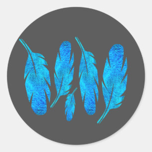 Blue boho watercolor feather art classic round sticker