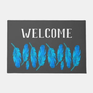 Blue boho watercolor feather art doormat