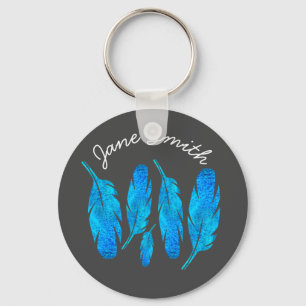 Blue boho watercolor feather art key ring