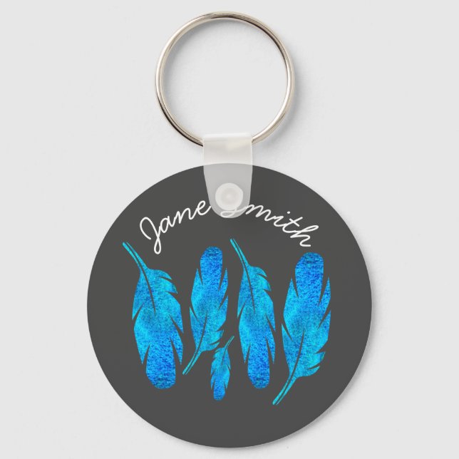 Blue boho watercolor feather art key ring (Front)