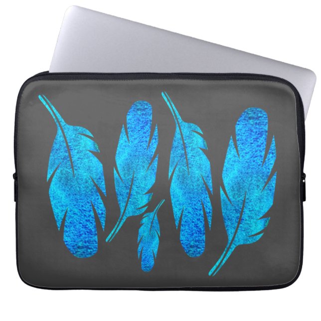 Blue boho watercolor feather art laptop sleeve (Front)