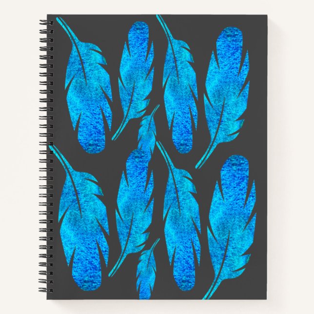 Blue boho watercolor feather art notebook (Front)