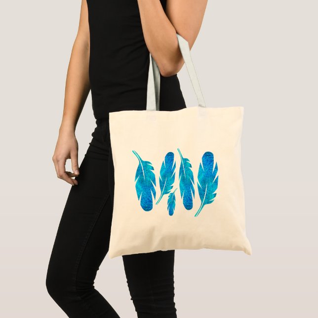 Blue boho watercolor feather art tote bag (Front (Product))