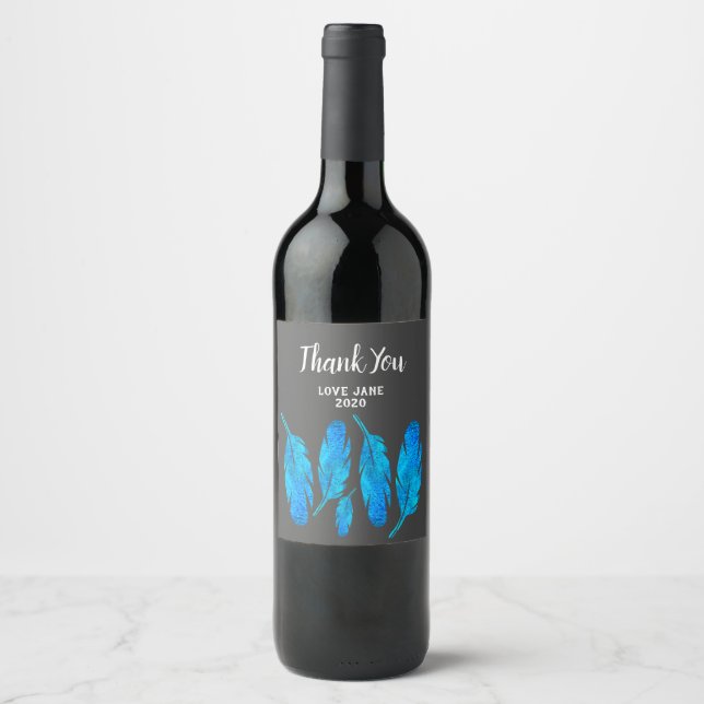 Blue boho watercolor feather art wine label (Front)