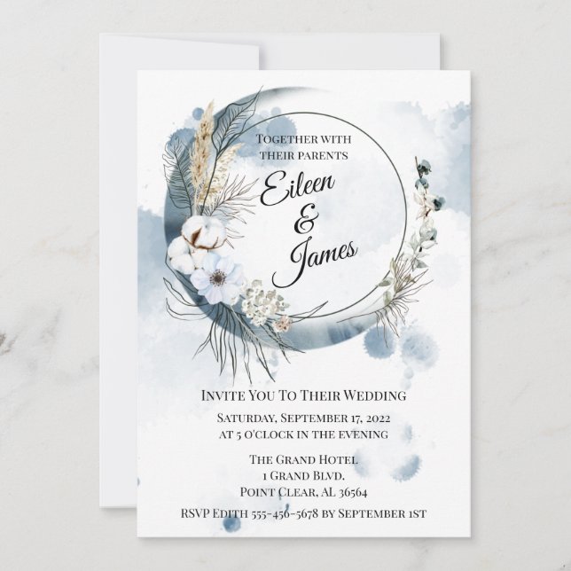 Blue Boho Watercolor Half Moon Wedding Invitation (Front)