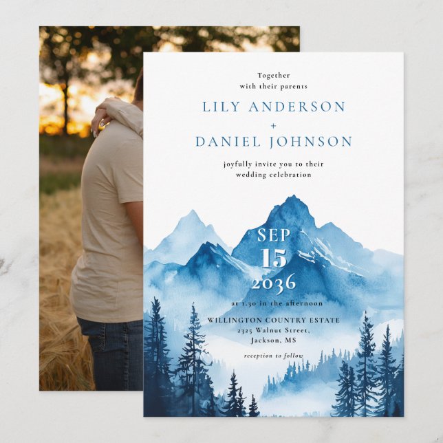 Blue Boho Watercolor Mountain Wedding Photo Invitation (Front/Back)