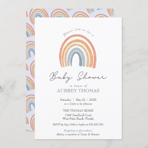 Blue Boho Watercolor Rainbow Baby Boy Shower Invitation