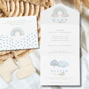 Blue Boho Watercolor Rainbow Boy Baby Shower All In One Invitation