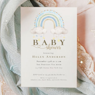 Blue Boho Watercolor Rainbow Boy Baby Shower Invit Invitation