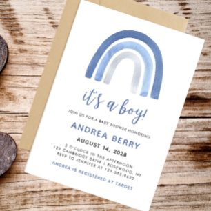 Blue Boho Watercolor Rainbow Boy Baby Shower Invitation